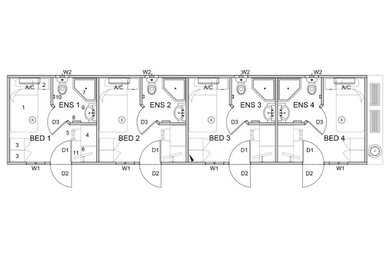 Four bedrooms, four bathrooms 13.7m x 3.4m Total 46.58m2